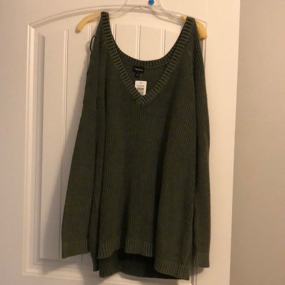 Green cut out shoulder sweater